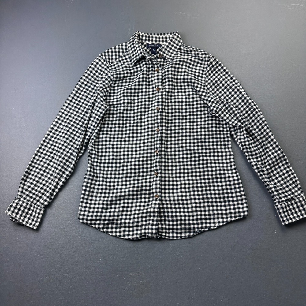 Lands' End Womens 8 Black White Checkered Flannel Button Up Long Sleeve Buttonup